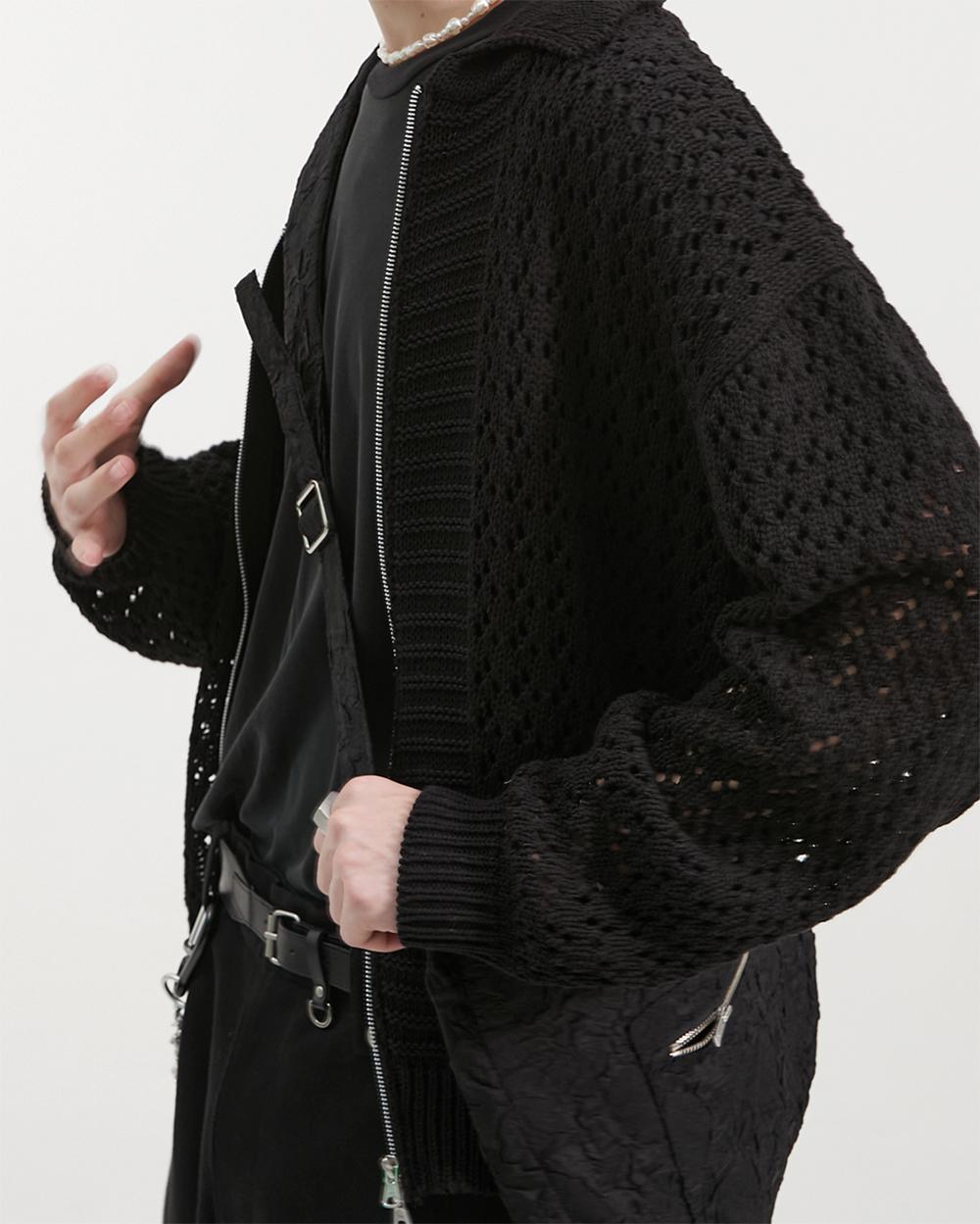 BLACK  Meshed crocher knit zipup bloson(SJ027)